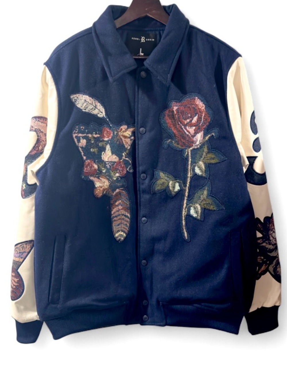 R3Bel Denim Wool-Blend Floral Skull Varsity Bomber Jacket Size Men’s Large (NWT)